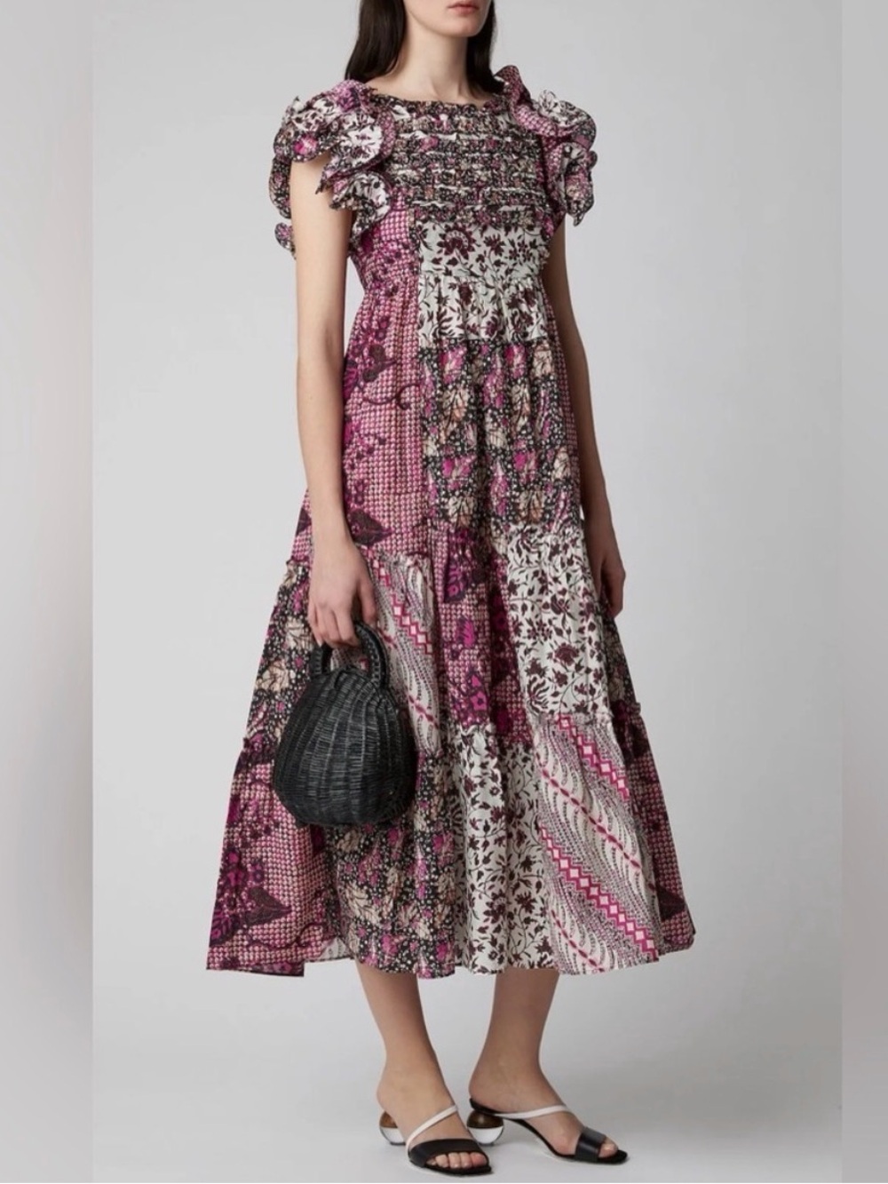 Ulla Johnson Patchwork Midi Dress in Pink and Cream